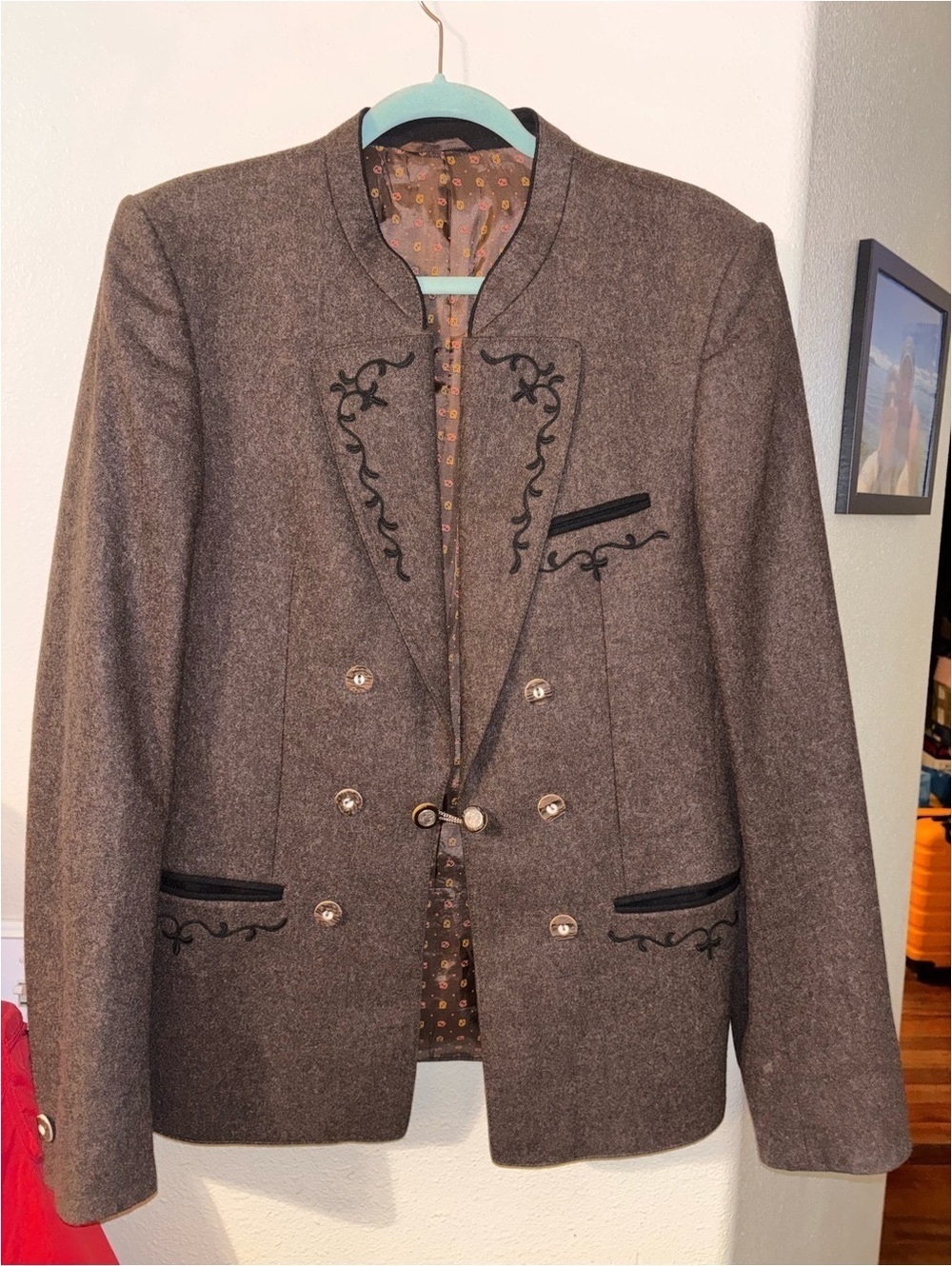 Vintage Trachten Wool Jacket Brown Embroidered With Buttons – Women Size L/XL